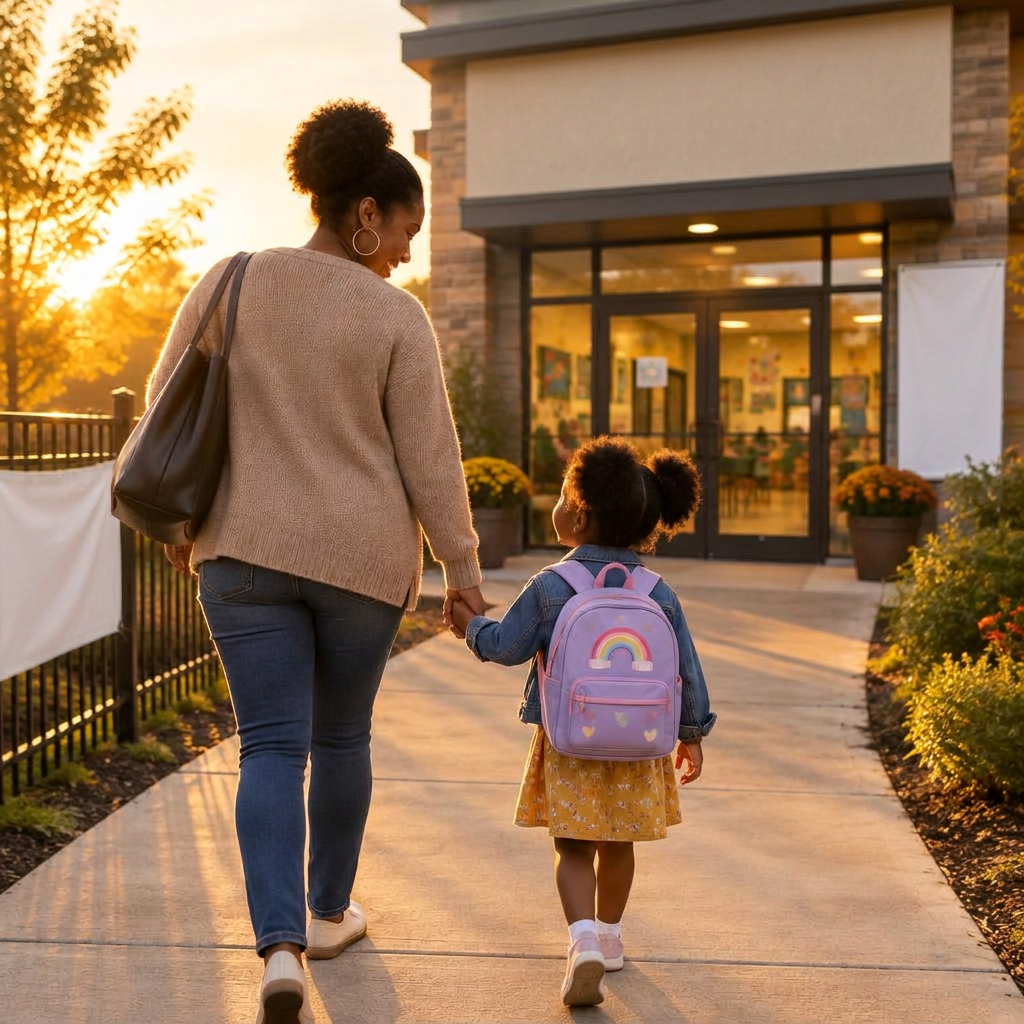 A parent walking hand in hand with a child toward the center entrance at golden hour