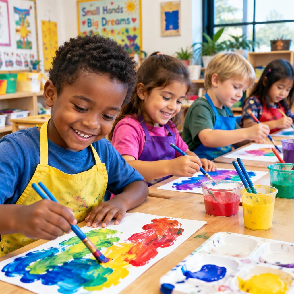 Children painting with colorful brushes at an art table