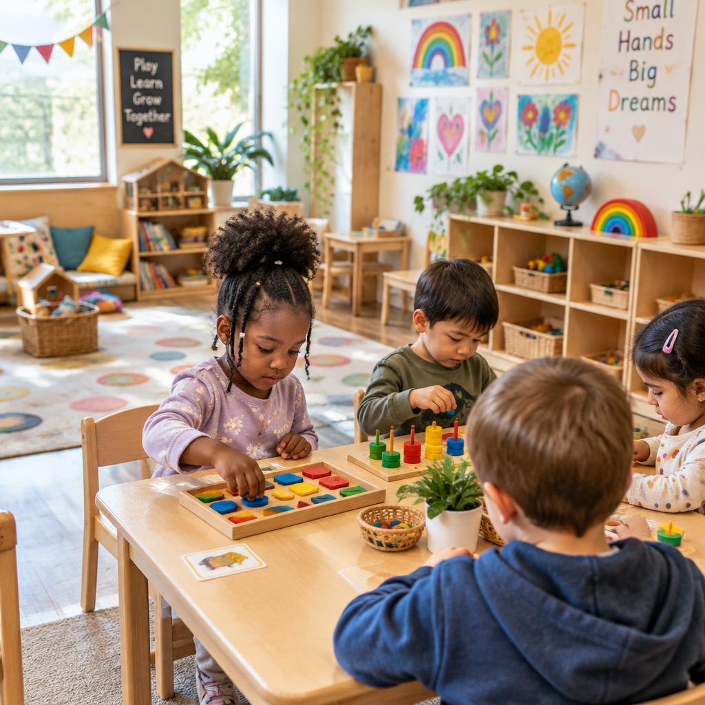 A bright classroom with learning shelves, play areas, and children's artwork