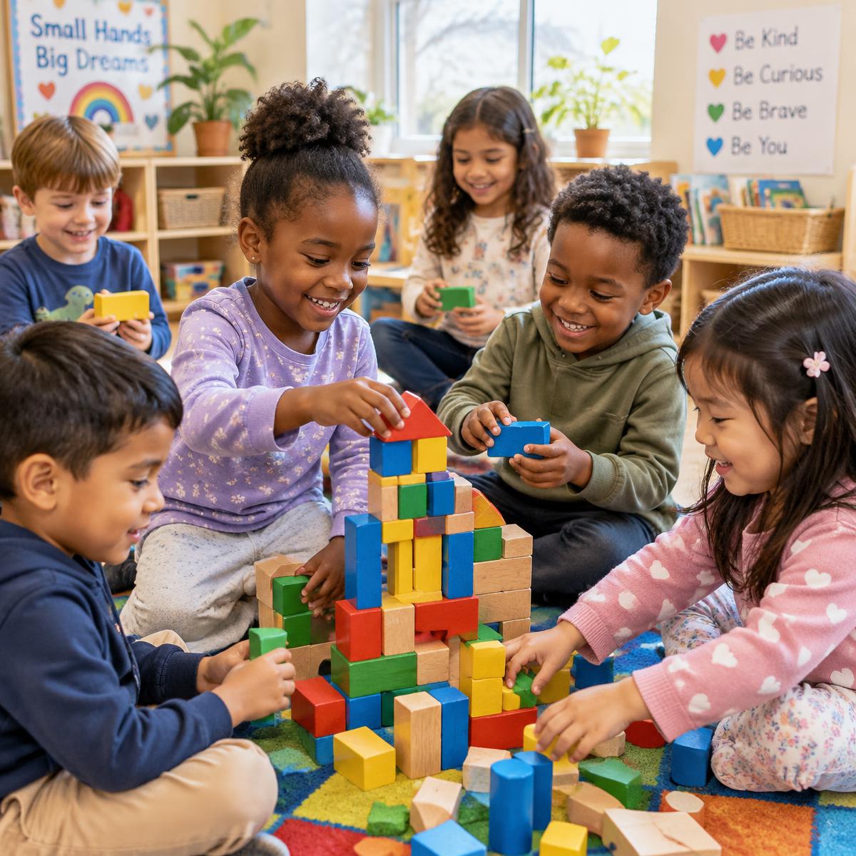 Children building with colorful blocks alongside a smiling teacher